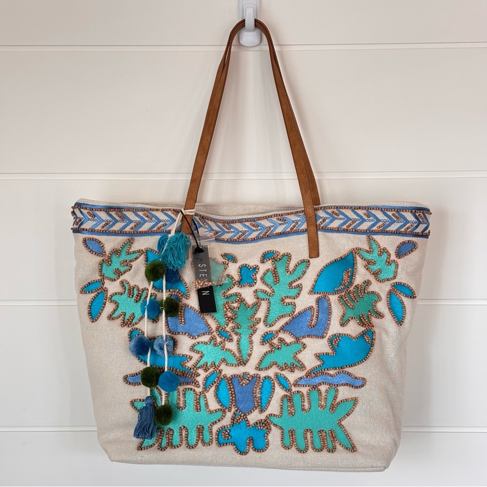 NEW Steve Madden Jtucker Bohohemian Embroidered Tote Beach Bag